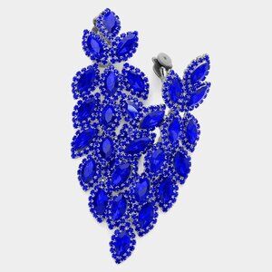Royal Blue Rhinestone Crystal Clip-On Dangle Cluster Earrings Evening Formal
